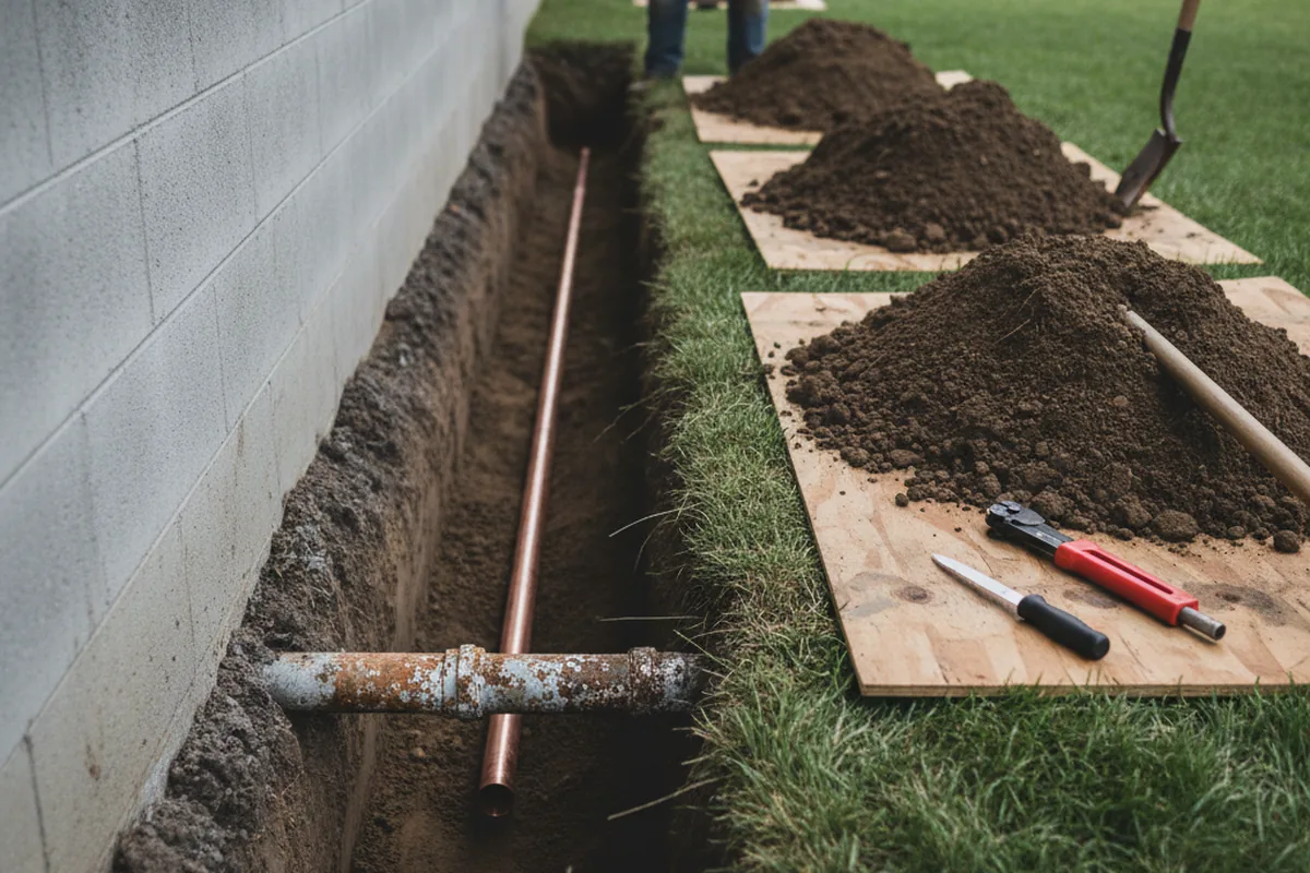 Excavated water line trench during Water Softener Installation in Helena
